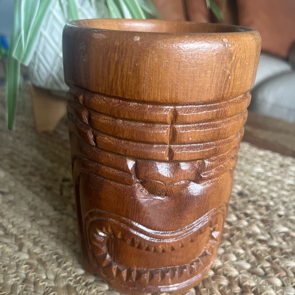 Tiki hand carved wooden mug